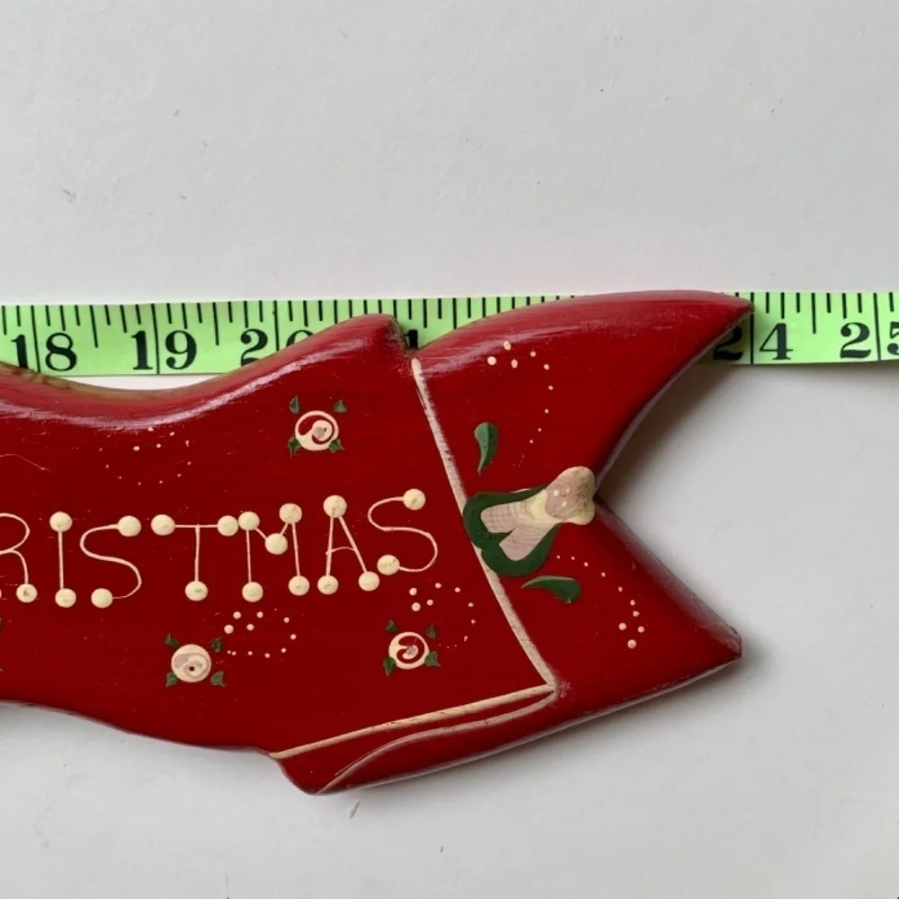 Red Merry Christmas Hanging Wood Sign Wall Plaque Ribbon Bow Hand Painted 24”